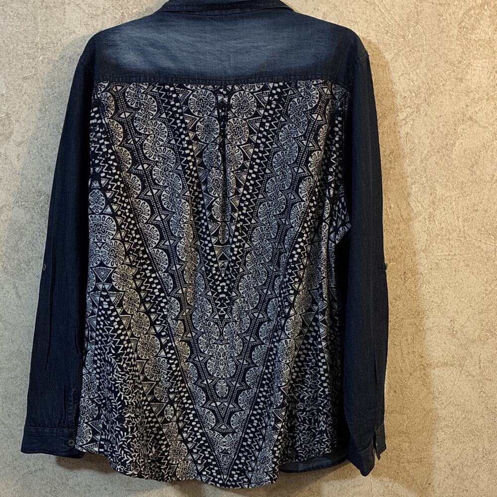 Angie Western Denim Shirt Long Sleeve Mixed Media Medallion Blouse 2X Boho